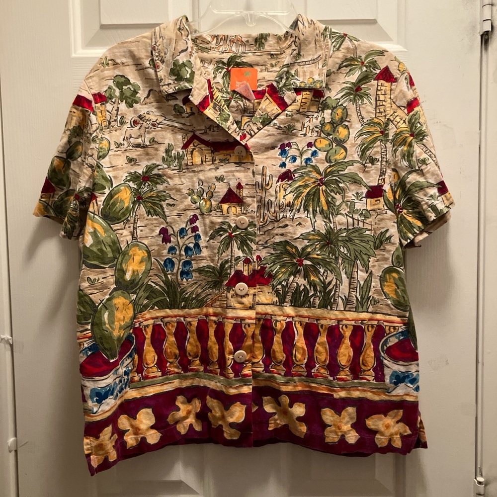 Hearts‎ of palm tropical top Short sleeve Linen Size 14 Button Up Women’s